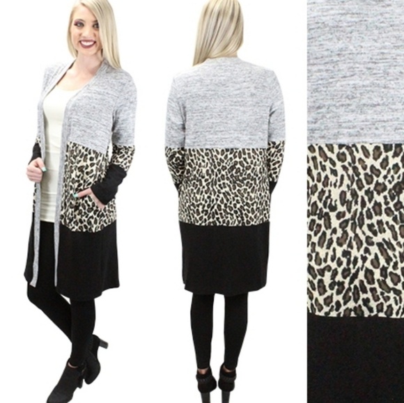 Sweaters - Leopard Colorblock Long Length Cardigan Plus Size